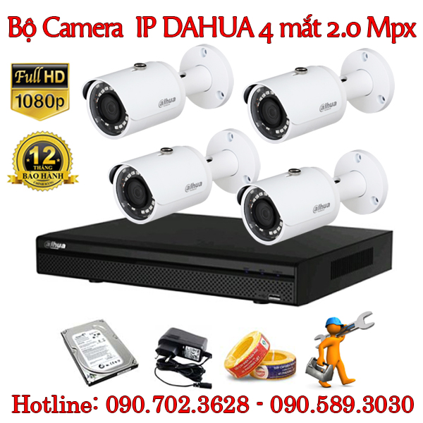 Trọn bộ 4 camera IP Dahua 2.0 MP