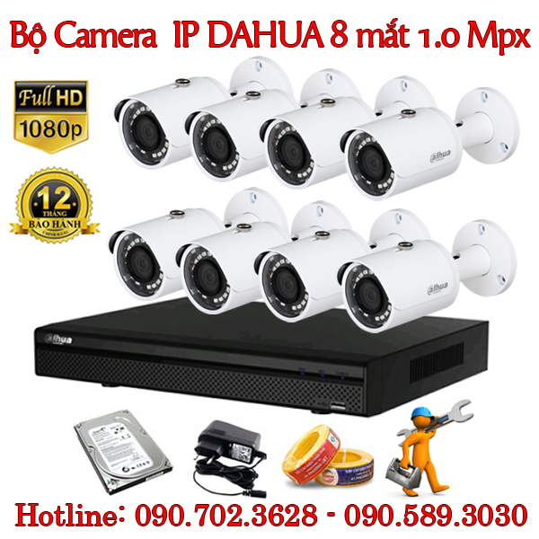 Trọn bộ 8 camera IP Dahua 1.0 MP