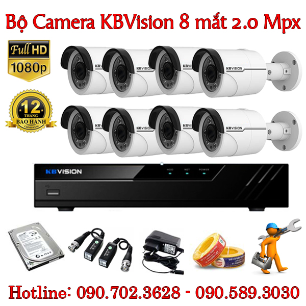 Trọn bộ 8 camera KBvision 2.0 MP